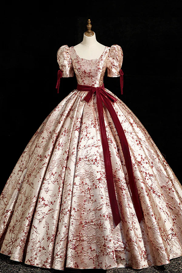 Wholesale Fashion Floor-Length Printing Prom Dresses Square Neckline Short Sleeve Backless Bow Sash Prom Formal Dresses